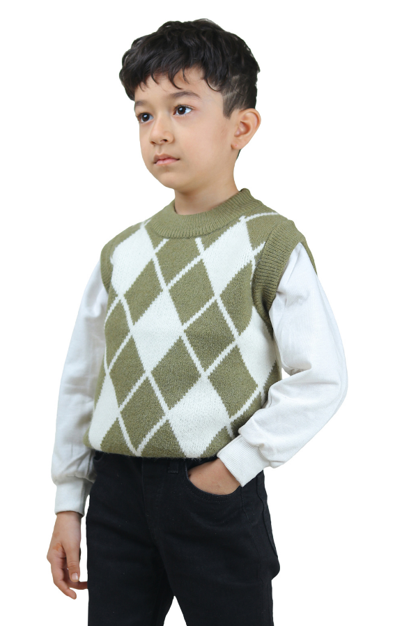 Unisex Olive Green Classic Checks Half-Sleeve Sweater