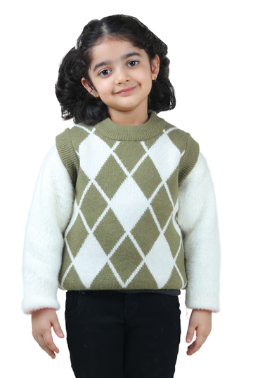 Unisex Olive Green Classic Checks Half-Sleeve Sweater