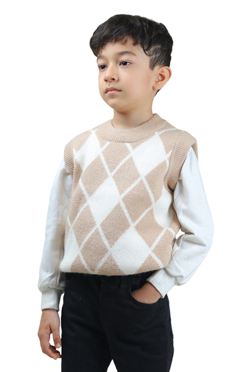 Unisex Beige Classic Checks Half-Sleeve Sweater