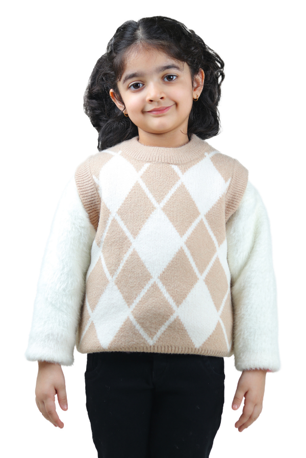 Unisex Beige Classic Checks Half-Sleeve Sweater