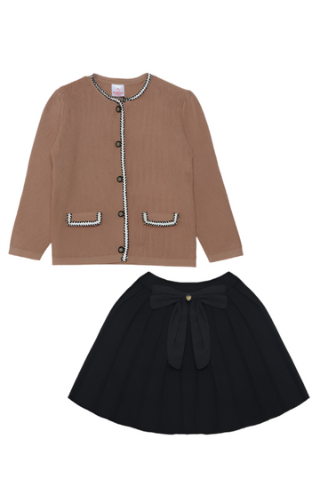 Elegant Brown Cardigan and Black Skirt Set with Detachable Bow