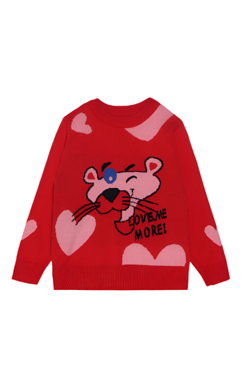 Red Sweater with Playful Pink Panther Design
