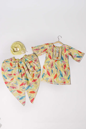 Leaf Print Kurti Set with Dhoti & Dupatta - Modern Ethnic Wear for Girls