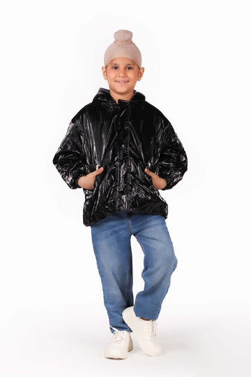 Glossy Black Hooded Puffer Jacket