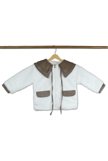 White Fur Jacket with Dark Brown Leather Accents