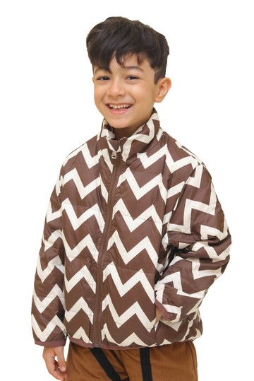 Unisex Zig Zag Print Puffer Jacket - Brown & Ivory