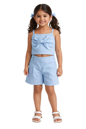 Girls Bow Crop Top and Shorts Set | Cute Summer Co-Ord Outfit for Kids | Stylish Casual 2 Piece Clothing Set