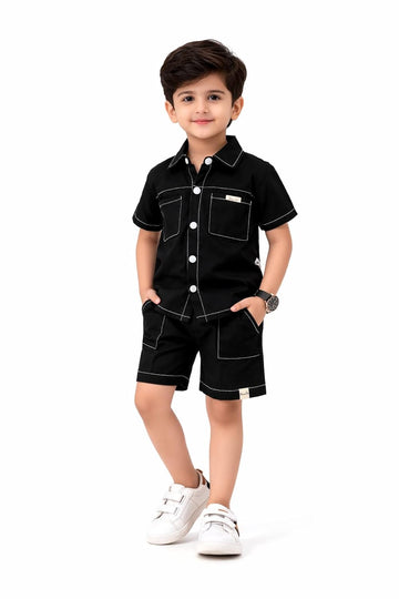 Boys Cotton Shirt & Shorts Clothing Set with Inner T-Shirt, Half Sleeve Summer Outfit, Casual Kids Co-Ord Set
