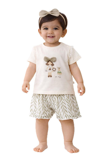 Popskart Baby Girls Cotton Clothing Set | Cute Doll Bow Printed Top & Shorts Outfit | Soft Summer Toddler Dress Set (Cream, 16)