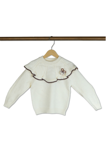 White Knitted Sweater with Ruffled Yoke and Embroidered Bear Design