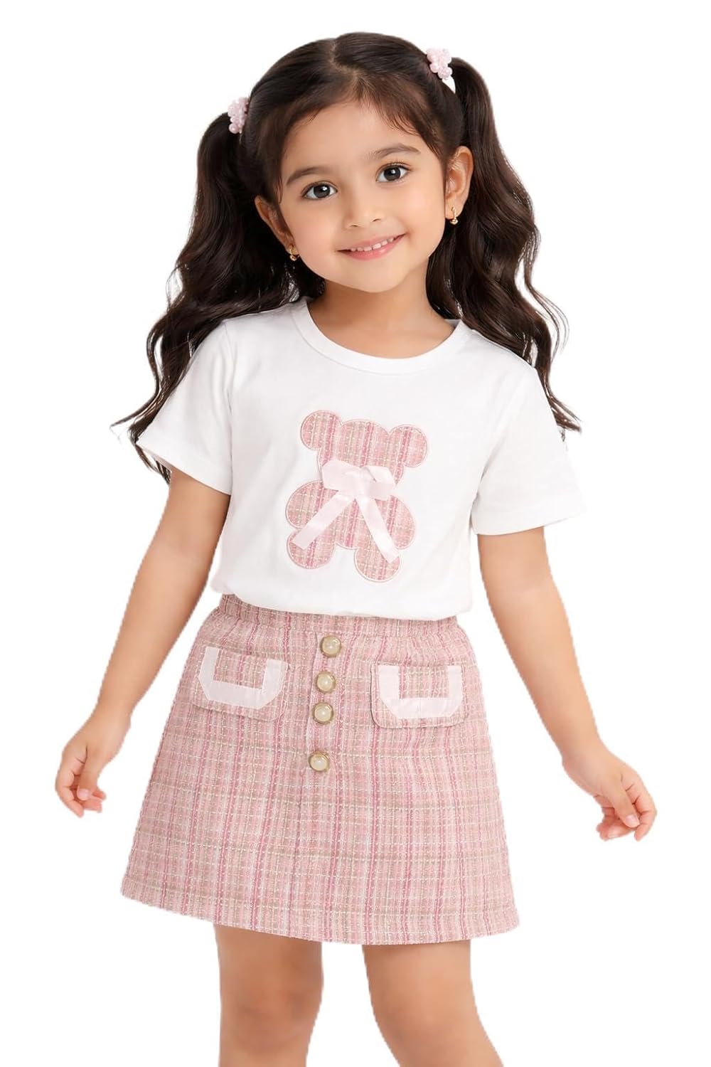 Girls Teddy Print T-Shirt and Tweed Skirt Set | Cute Summer Co-Ord Outfit for Kids | Stylish 2 Piece Clothing Set