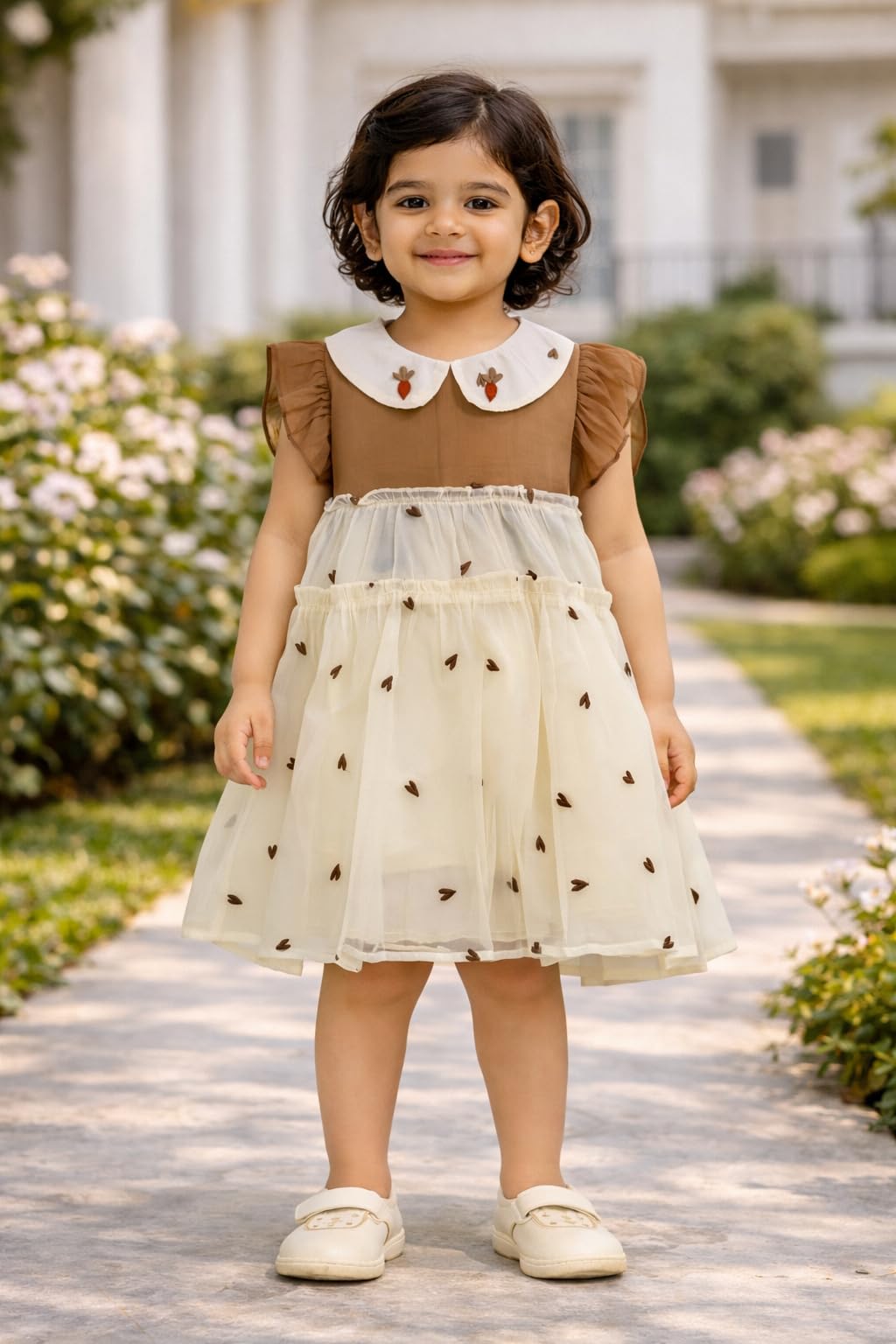 Baby Girl Dress with Embroidered Peter Pan Collar | Cute Layered Net Frock for Kids