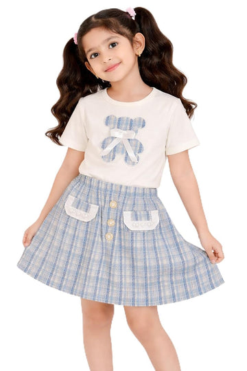 Girls Teddy Print T-Shirt and Tweed Skirt Set | Cute Summer Co-Ord Outfit for Kids | Stylish 2 Piece Clothing Set