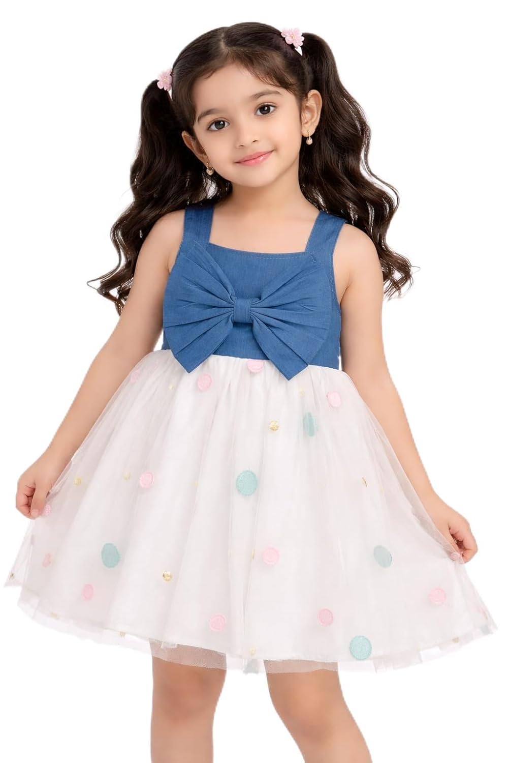 Girls Bow Party Dress | Cute Sleeveless Tulle Dress for Kids | Polka Dot Mesh Skirt Birthday Dress for Girls