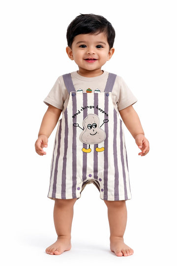 Baby Boy & Girl Cotton Dungaree Romper Set with T-Shirt | Cartoon Printed Suspender Shorts Outfit | Soft Summer Toddler Clothing Set