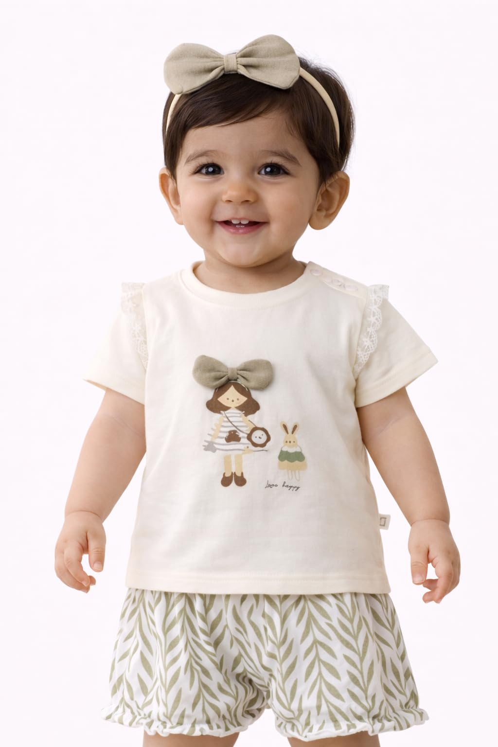 Popskart Baby Girls Cotton Clothing Set | Cute Doll Bow Printed Top & Shorts Outfit | Soft Summer Toddler Dress Set (Cream, 16)