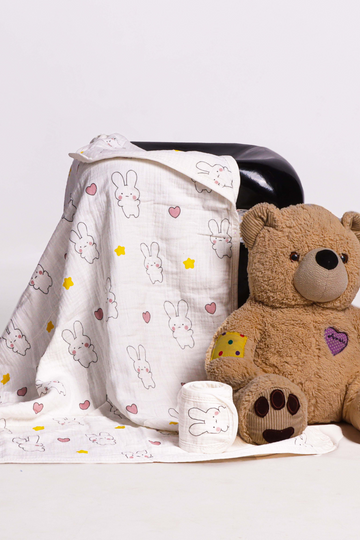 White Baby Wrapper with Bunny, Hearts, and Stars Design