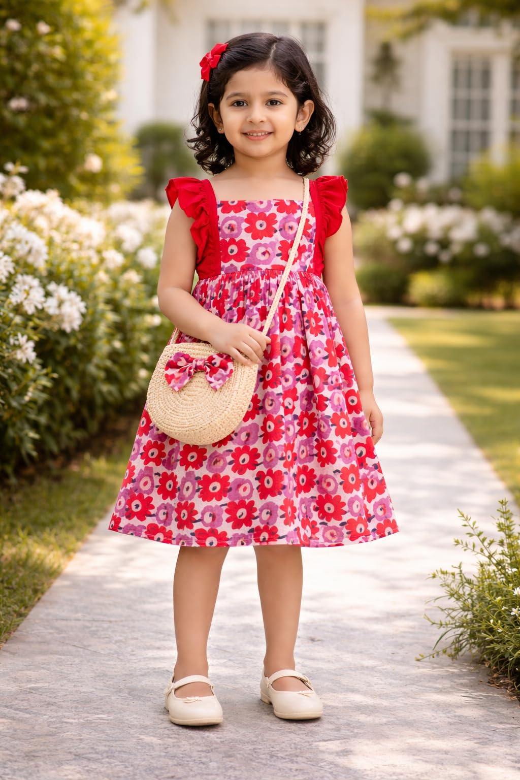 Floral Print Dress with Red Ruffle Sleeves, Pink and Red Flower Pattern, A-Line Style
