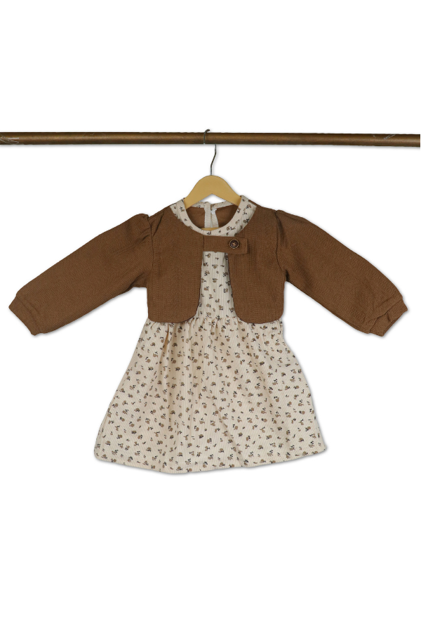Cream-Colored Floral Dress with Brown Knitted Cardigan